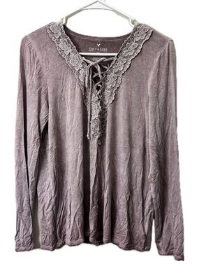 American Eagle Soft & Sexy Lace-Up Boho Top Mauve Purple Long Sleeve Size Larg